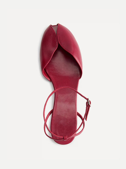 Red Peep Round-Toe Slip-On Back And Ankle Strap Flats