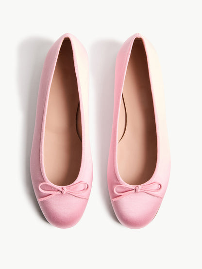 Slip-On Round-Toe Front Bow Simple Ballet Flats - Pink Satin