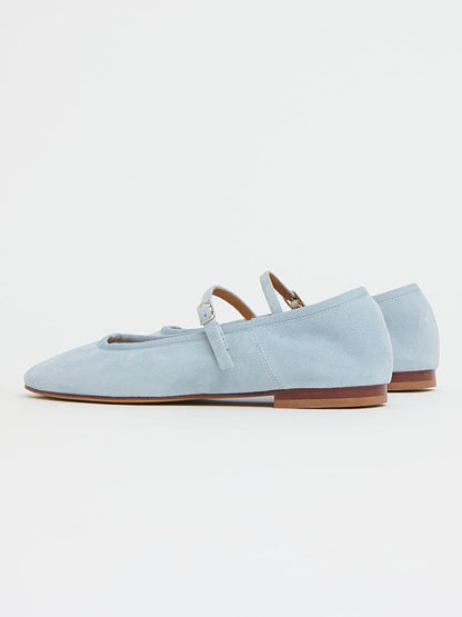 Blue Faux Suede Round-Toe Mary Jane With Buckle Chic Ballet Flats