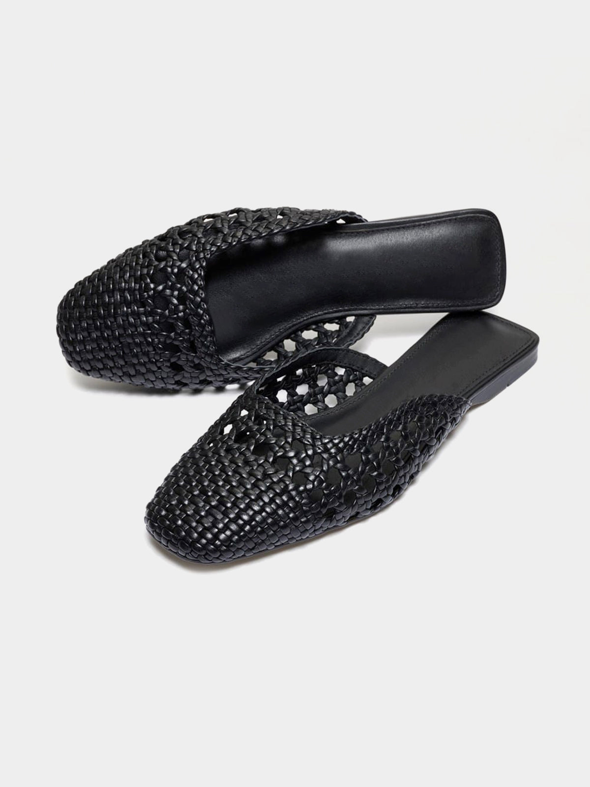 Woven Vegan Leather Square-Toe Cutout Backless Flats - Black