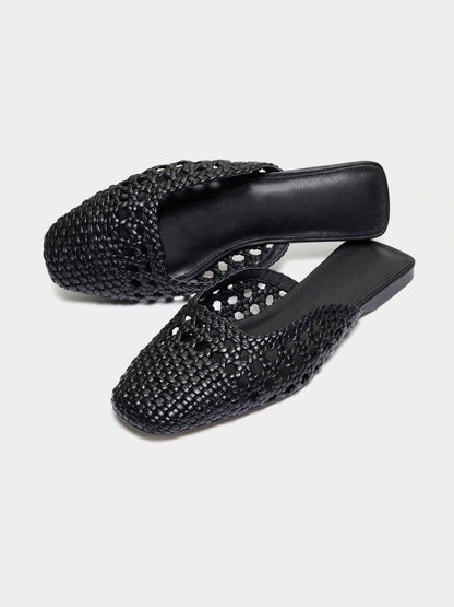 Woven Vegan Leather Square-Toe Cutout Backless Flats - Black