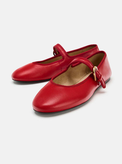 Red Round-Toe Buckle Middle Strap Slip-On Ballet Chic Flats