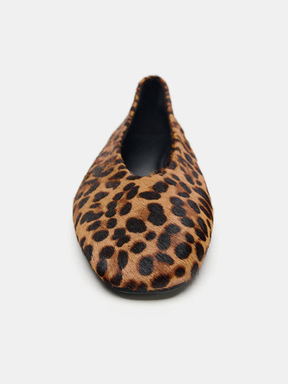 Leopard Pattern Pony Hair Vegan Leather Square-Toe Slip-On Ballet Flats