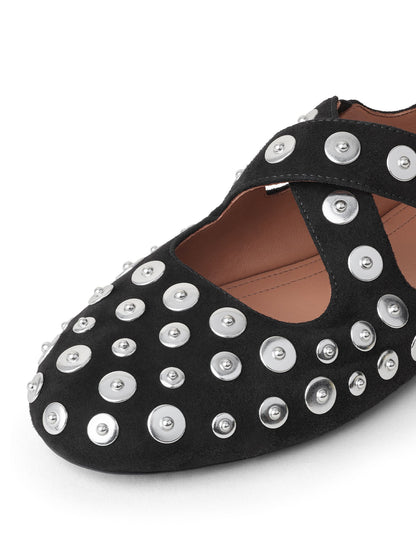 Black Faux Suede Round-Toe Full Studs Crossed Straps Ballet Flats