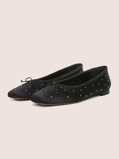 Black Satin Square-Toe Front Bow Studded Chic Ballet Flats