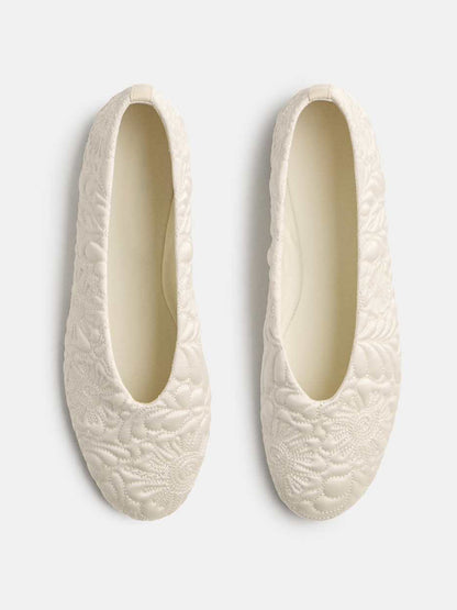 Ivory Satin Round-Toe Flowers Stitch Slip-On Ballet Flats