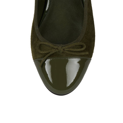 Khaki Faux Suede And Patent Leather Round-Toe Front Bow Ballet Flats