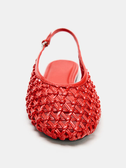 Red Woven Vegan Leather Round-Toe Chic Slingback Flats