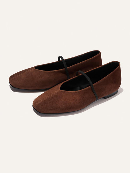 Mary Jane Square-Toe Slip-On Chic Ballet Flats - Brown Faux Suede