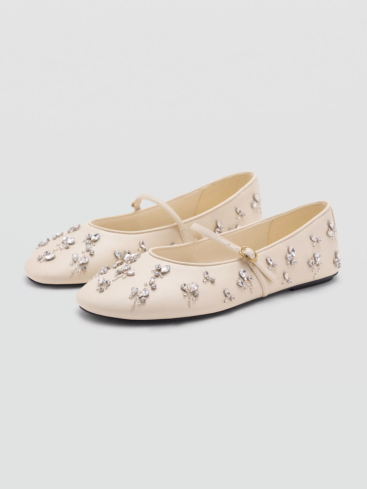 Ecru Round-Toe Crystals Detail Mary Jane Ballet Flats