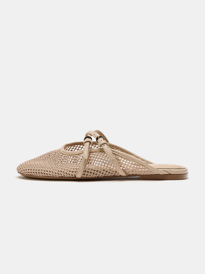 Bone Mesh Round-Toe Buckle Crossed Straps Backless Flats
