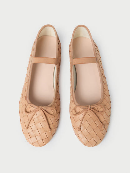 Beige Woven Vegan Leather Round-Toe Front Bow And Middle Strap Ballet Flats