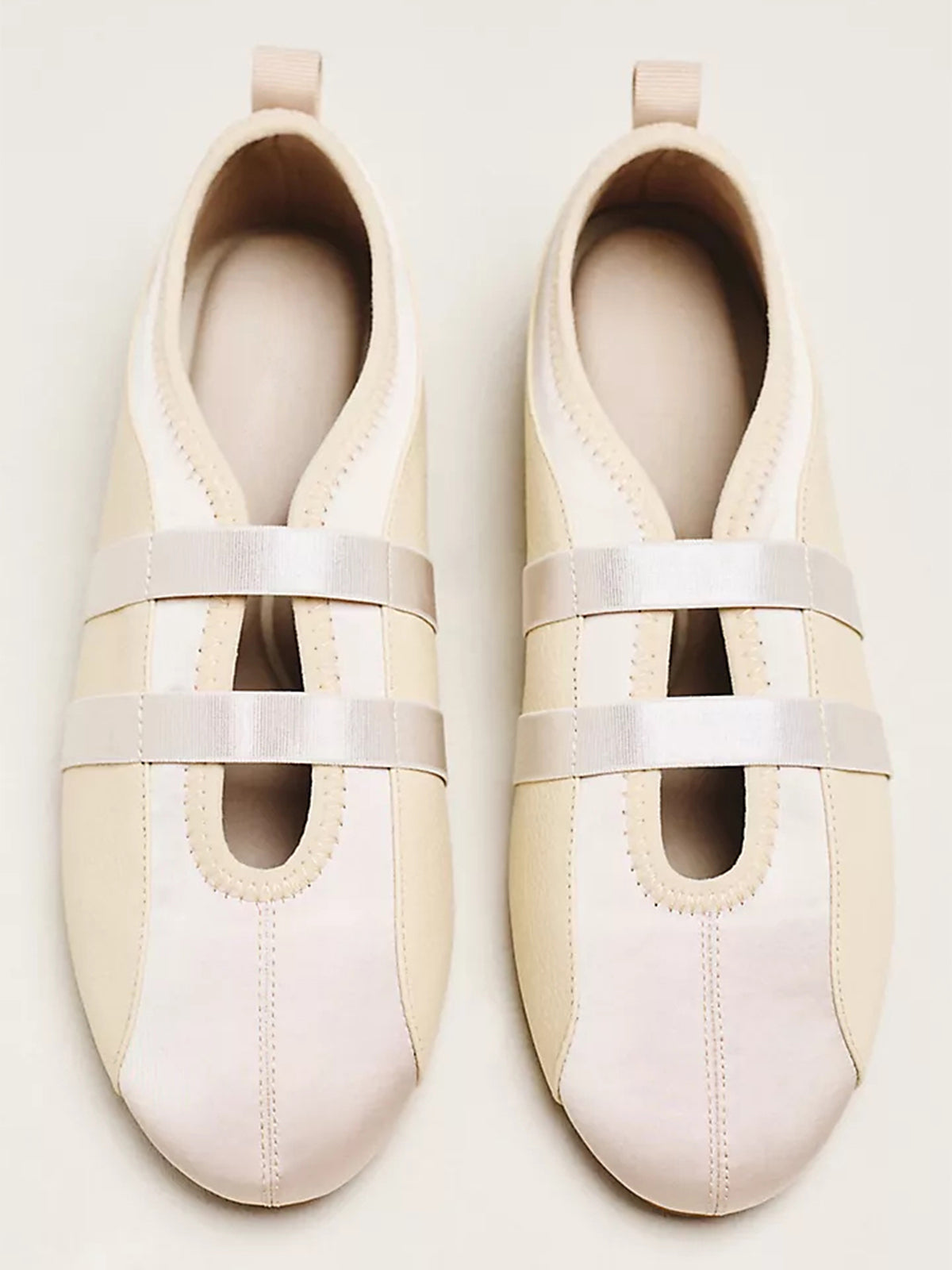 Cream Vegan Leather And Satin Round-Toe Double Middle Strap Sporty Ballet Sneakers