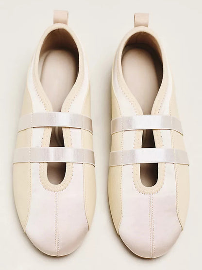 Cream Vegan Leather And Satin Round-Toe Double Middle Strap Sporty Ballet Sneakers