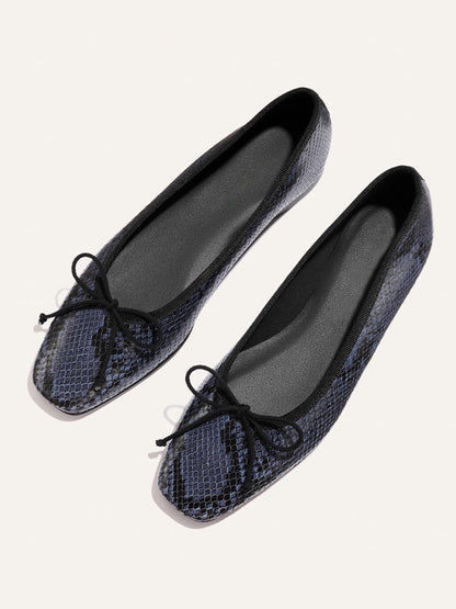 Front Bow Square-Toe Slip-On Chic Ballet Flats - Snakeskin Pattern