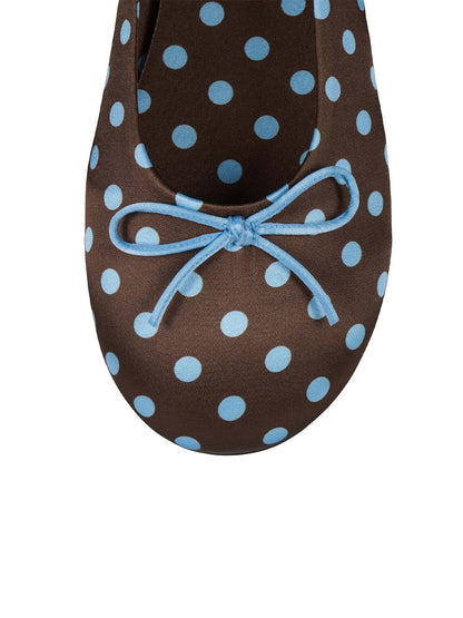 Brown Satin With Blue Spot Round-Toe Front Bow Slip-On Ballet Flats