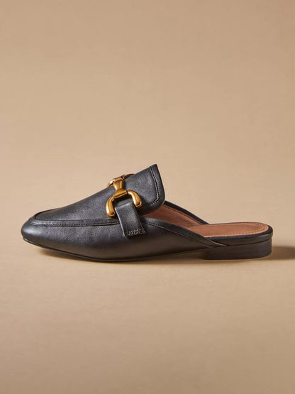 Black Vegan Leather Square-Toe Slip-On Backless Loafers Flats