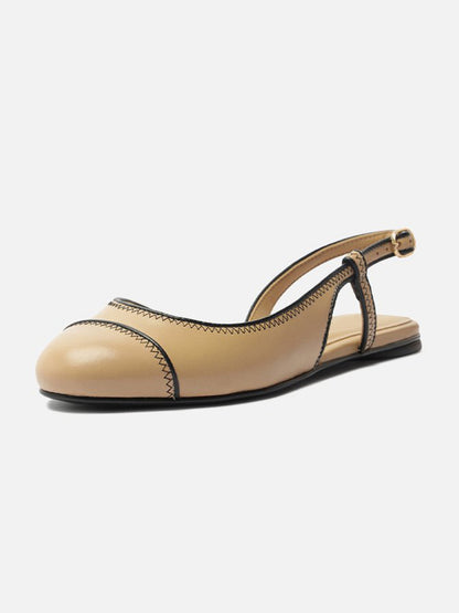 Tan Round-Toe Buckle Back Strap Chic Slip-On Flats
