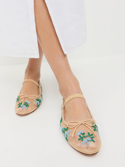 Caramel Mesh Round-Toe Flower Embroidery Front Bow And Middle Strap Ballet Flats