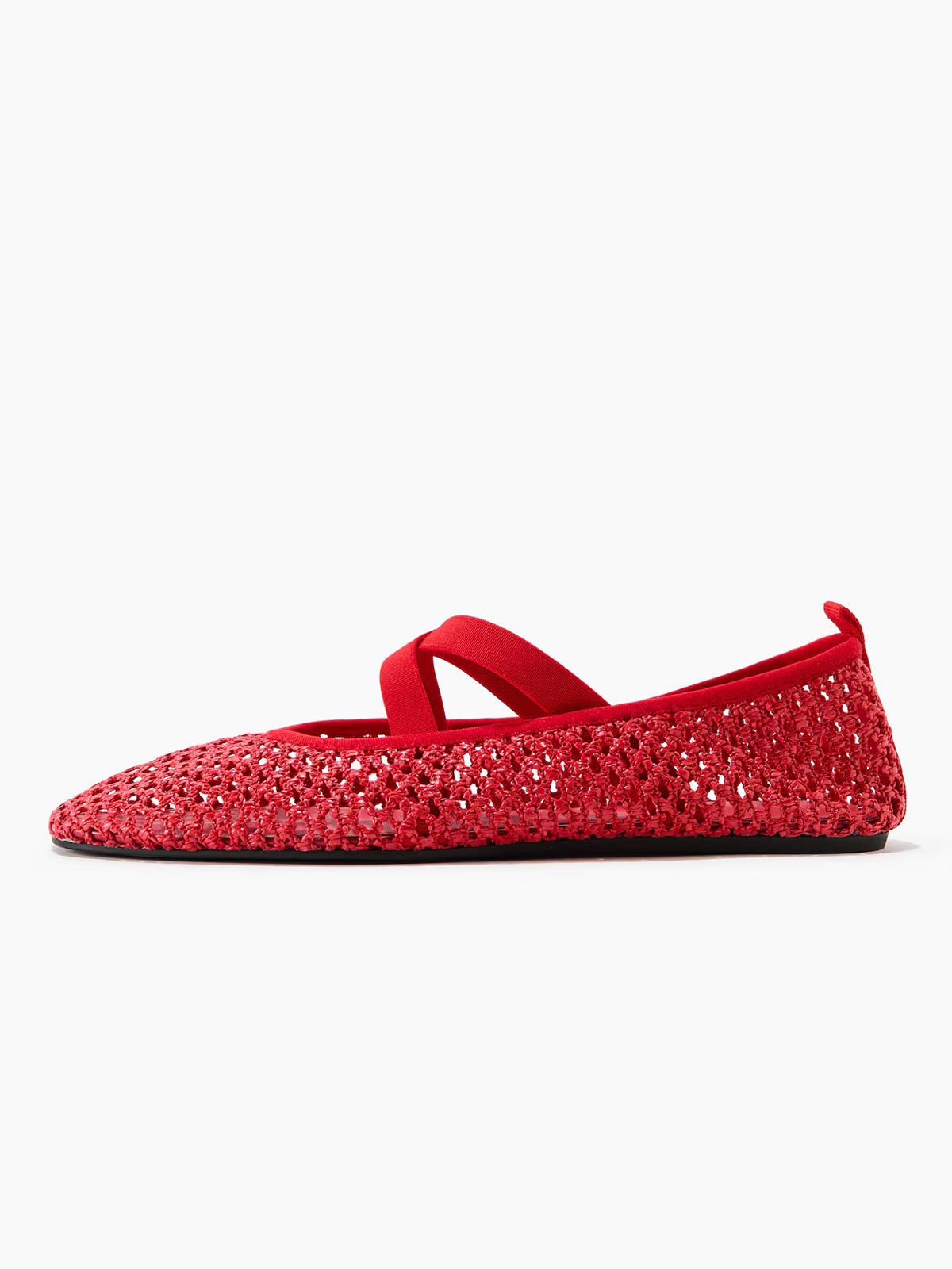 Red Grass Woven Square-Toe Middle Crossed Straps Ballet Flats