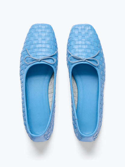 Woven Vegan Leather Square-Toe Front Bow Slip-On Ballet Flats - Blue