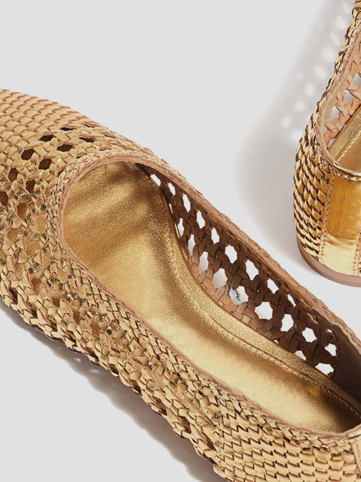 Metallic Gold Woven Vegan Leather Pointed-Toe Cutout Slip-On Flats