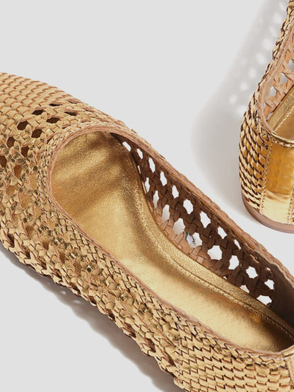Metallic Gold Woven Vegan Leather Pointed-Toe Cutout Slip-On Flats