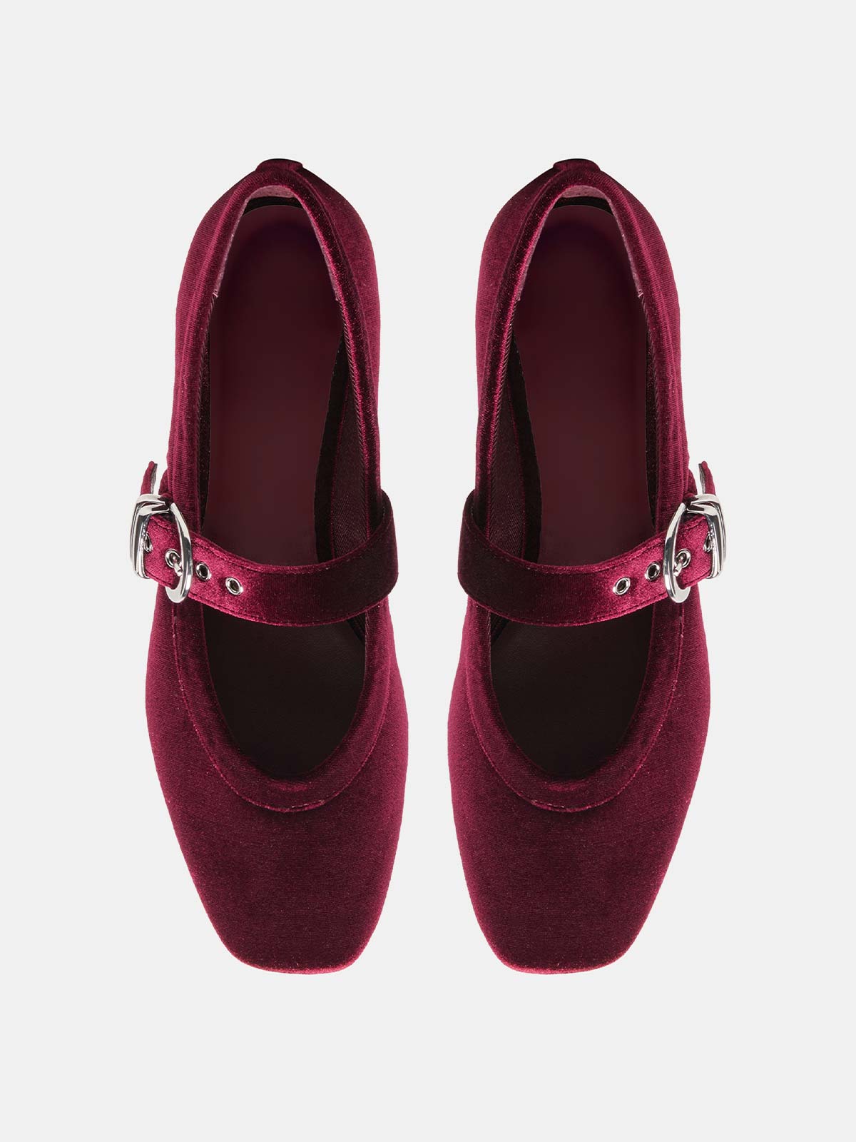 Wine Red Pleuche Square-Toe Buckle Mary Jane Ballet Flats