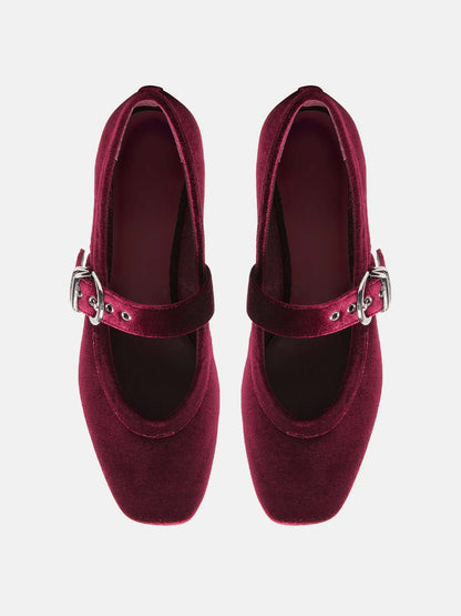Wine Red Pleuche Square-Toe Buckle Mary Jane Ballet Flats