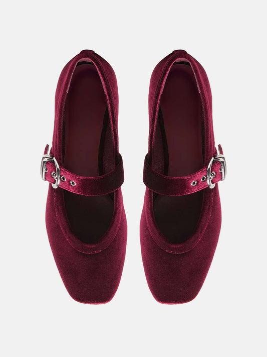 Wine Red Pleuche Square-Toe Buckle Mary Jane Ballet Flats