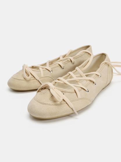 Beige  Round-Toe Front Bow And Lace-Up Sporty Ballet Flats