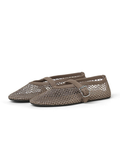 Green Mesh And Faux Suede Round-Toe Buckle Mary Jane Ballet Flats