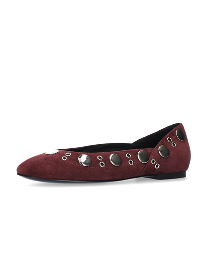Burgundy Faux Suede Square-Toe Eyelets And Studs Slip-On Ballet Flats