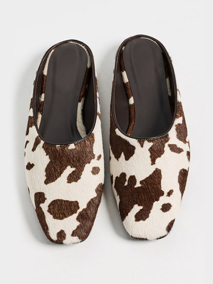 Backless Square-Toe Slip-On Chic Flats - Cow Pattern