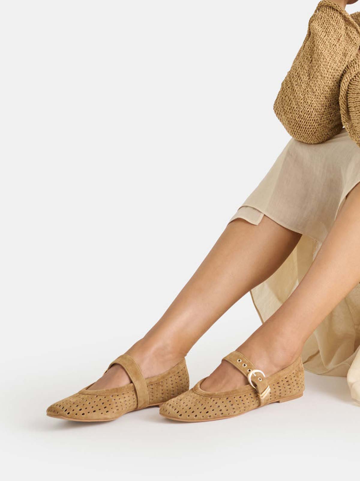 Brown Faux Suede Square-Toe Buckle Mary Jane Strap Ballet Flats