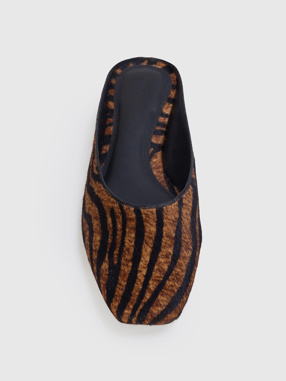Brown Zebra Pattern Pony Hair Vegan Leather Square-Toe Backless Flats