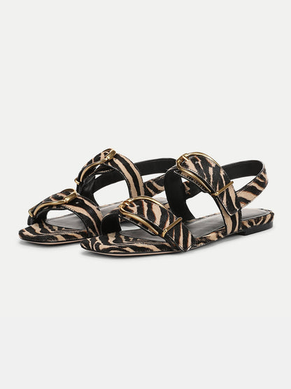 Zebra Pattern Square-Toe Double Buckle Straps Sandal Flats