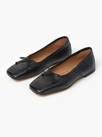 Black Classic Square-Toe Front Bow Simple Ballet Flats