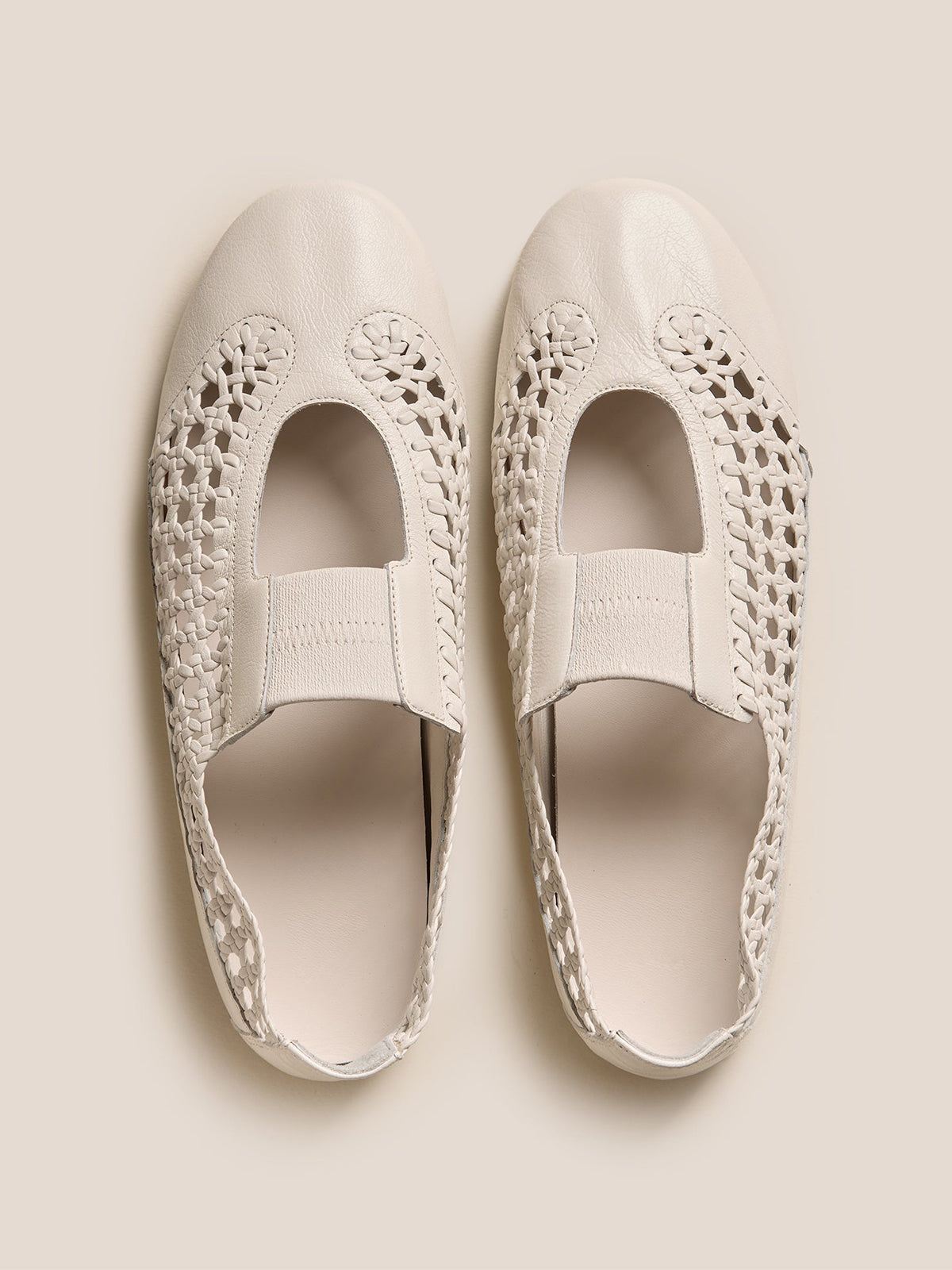 Cream Woven Vegan Leather Round-Toe Chic Mary Jane Flats