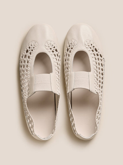 Cream Woven Vegan Leather Round-Toe Chic Mary Jane Flats
