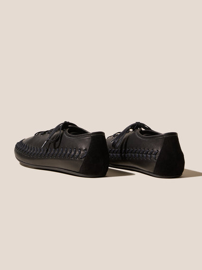 Black Round-Toe Lace-Up And Braided-Detail Sporty Flats