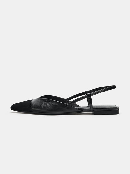 Black Vegan Leather And Faux Suede Pointed-Toe Back Strap Chic Flats