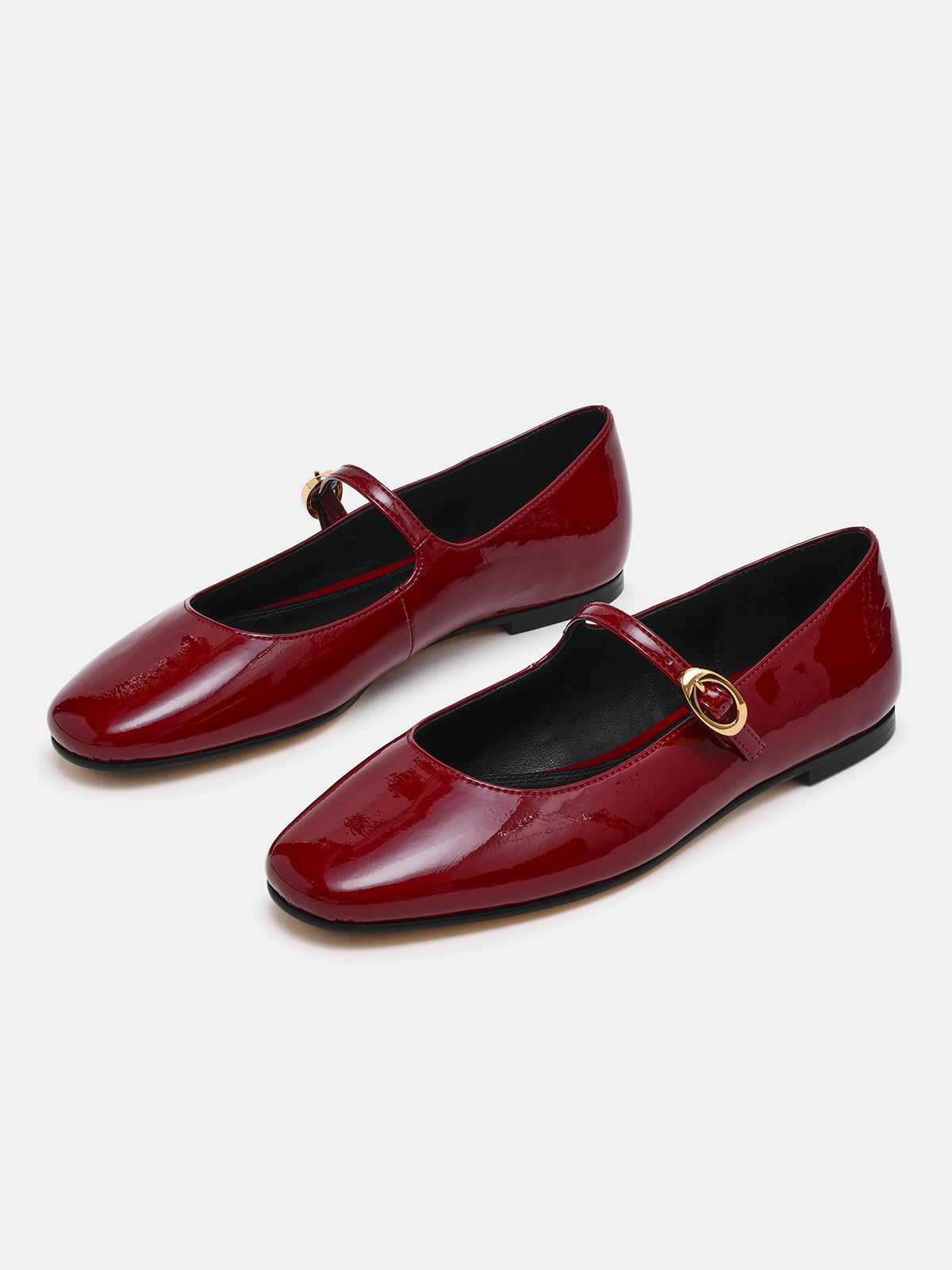 Burgundy Patent Leather Square-Toe Buckle Mary Jane Ballet Flats