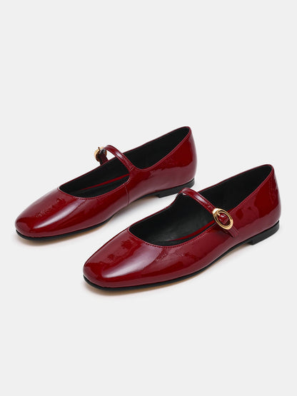 Burgundy Patent Leather Square-Toe Buckle Mary Jane Ballet Flats