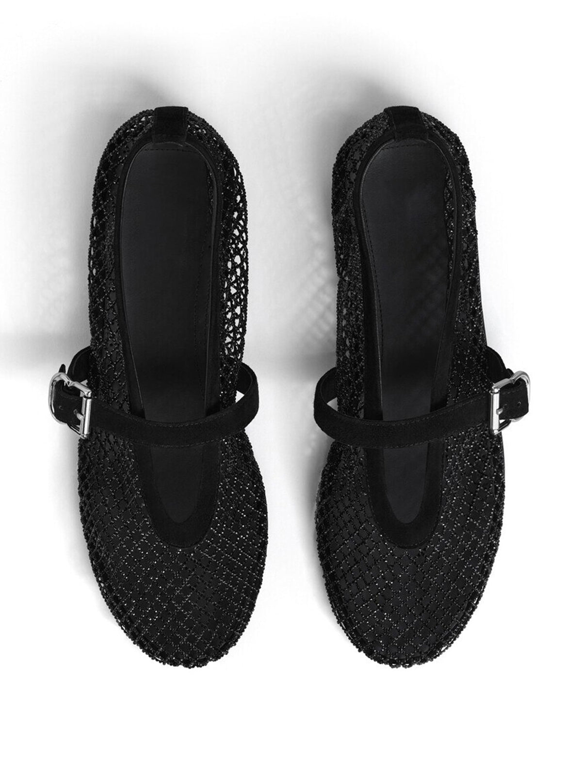 Black Mesh And Faux Suede Round-Toe Buckle Mary Jane Ballet Flats