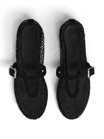 Black Mesh And Faux Suede Round-Toe Buckle Mary Jane Ballet Flats