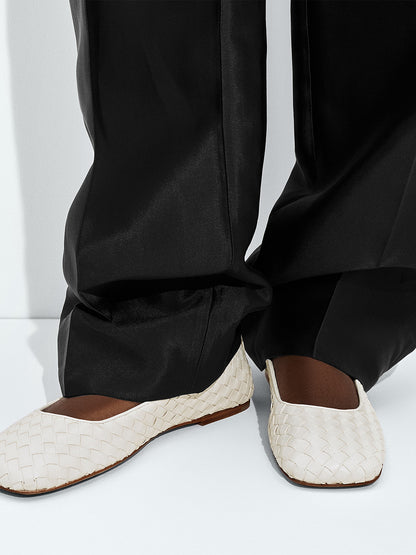 Ivory Woven Vegan Leather Square-Toe Classic Slip-On Ballet Flats