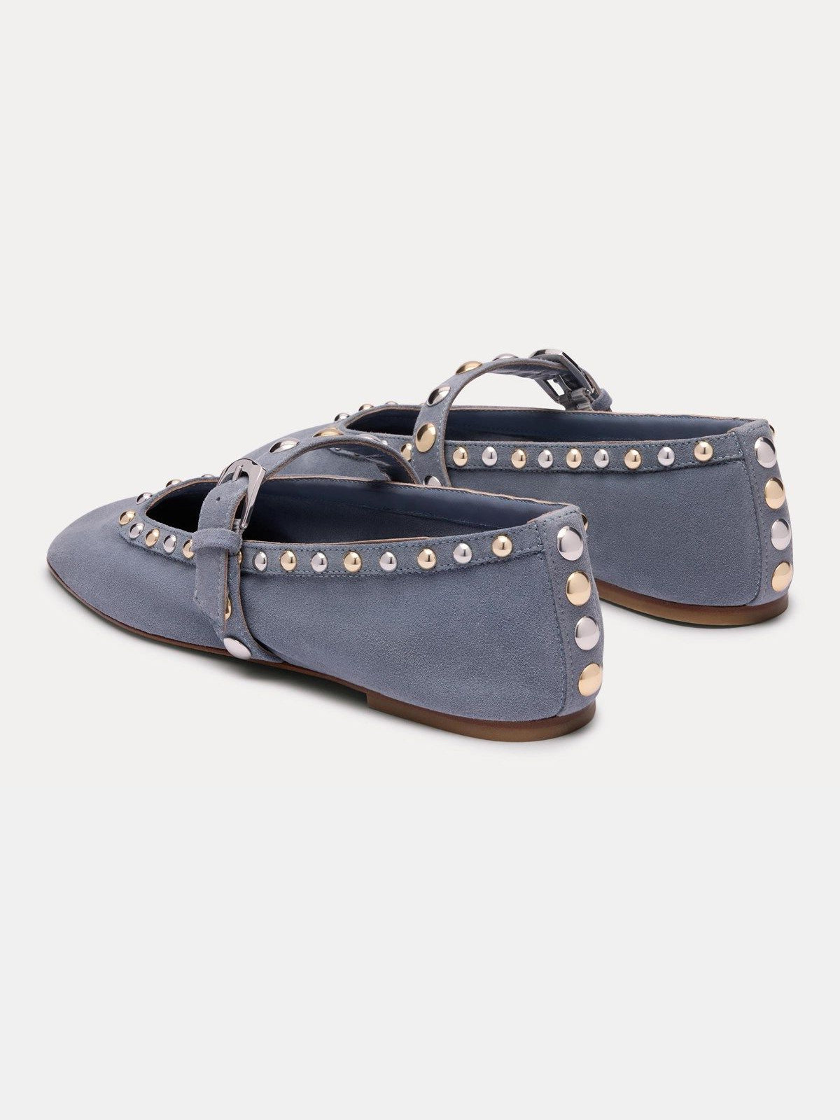 Blue Faux Suede Square-Toe Buckle Middle Strap And Studs Flats