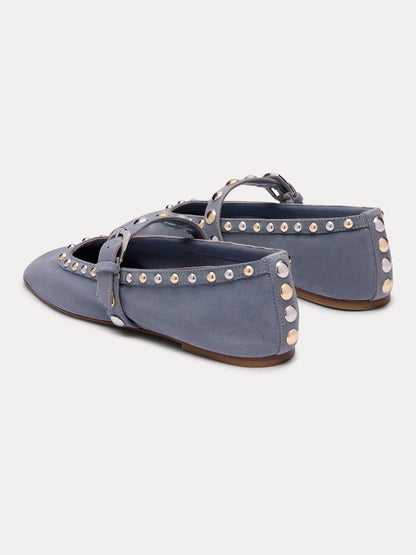 Blue Faux Suede Square-Toe Buckle Middle Strap And Studs Flats