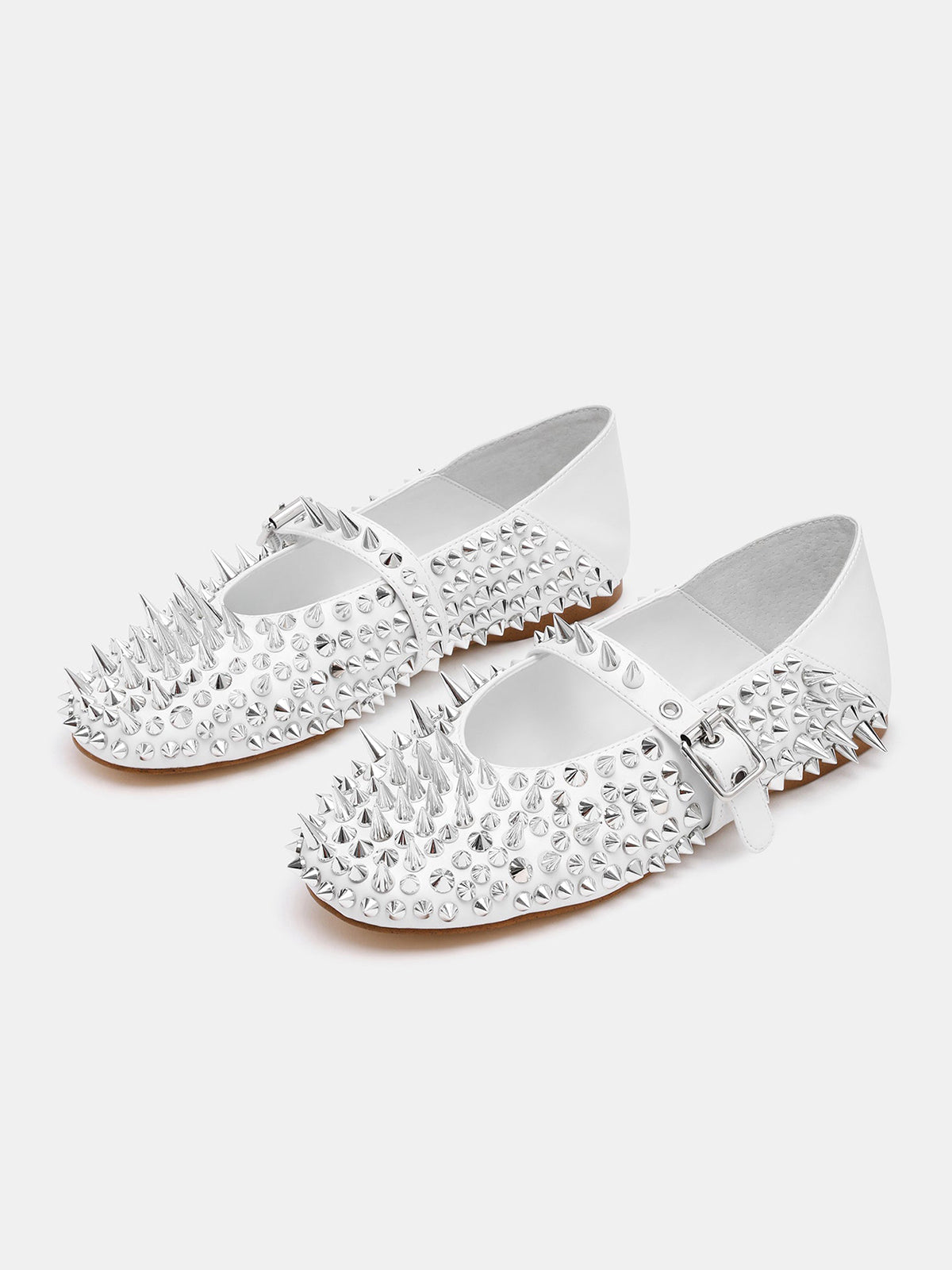 White Round-Toe Full Rivet And Middle Strap Chic Ballet Flats